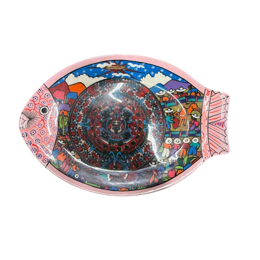 Hand Painted Folk Art‎ Fish Plate Aztec Calendar Colorful Wall Decor